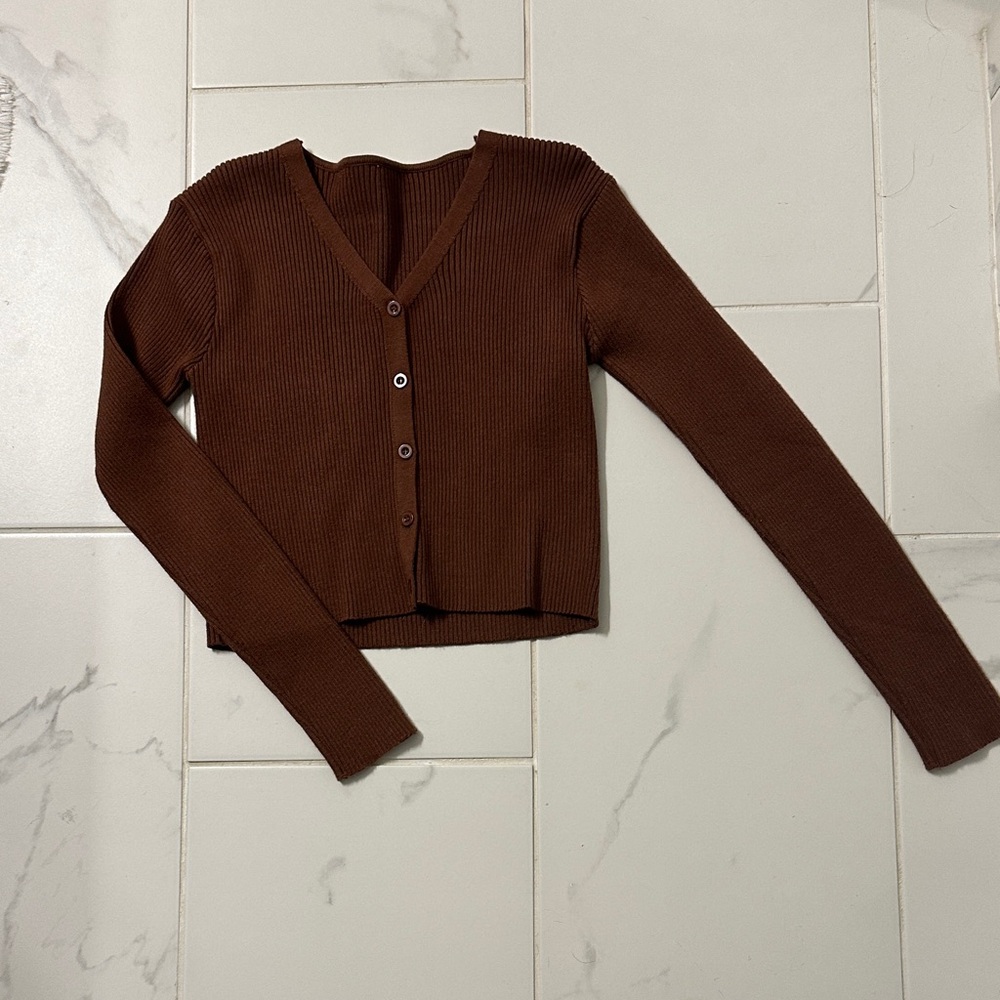 Brown Ribbed Button-Up Cardigan